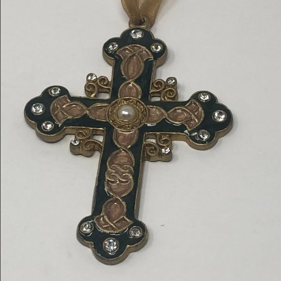 Vintage Jewelry - Christian Bronze Cross Black Gold Enamel Rhineston